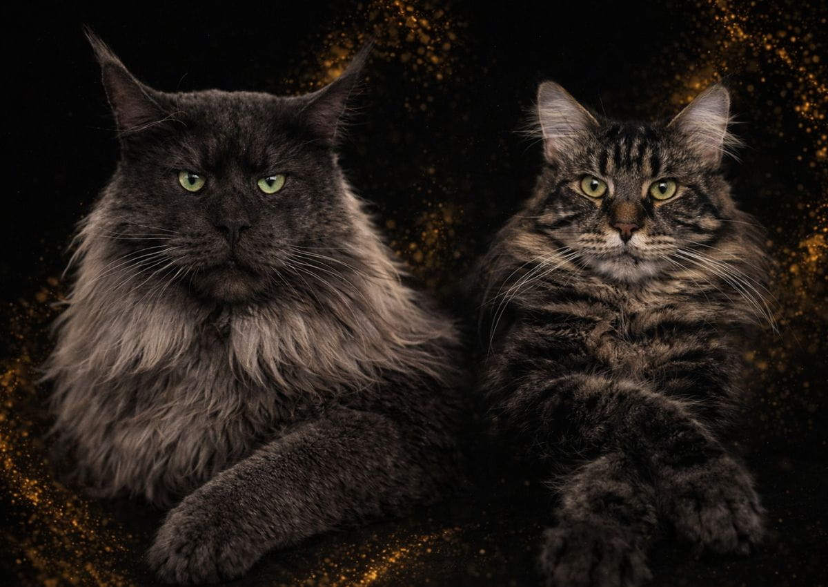 Tiger mâle Maine coon à gauche de l'image, Zankara femelle maine coon à droite de l'image 